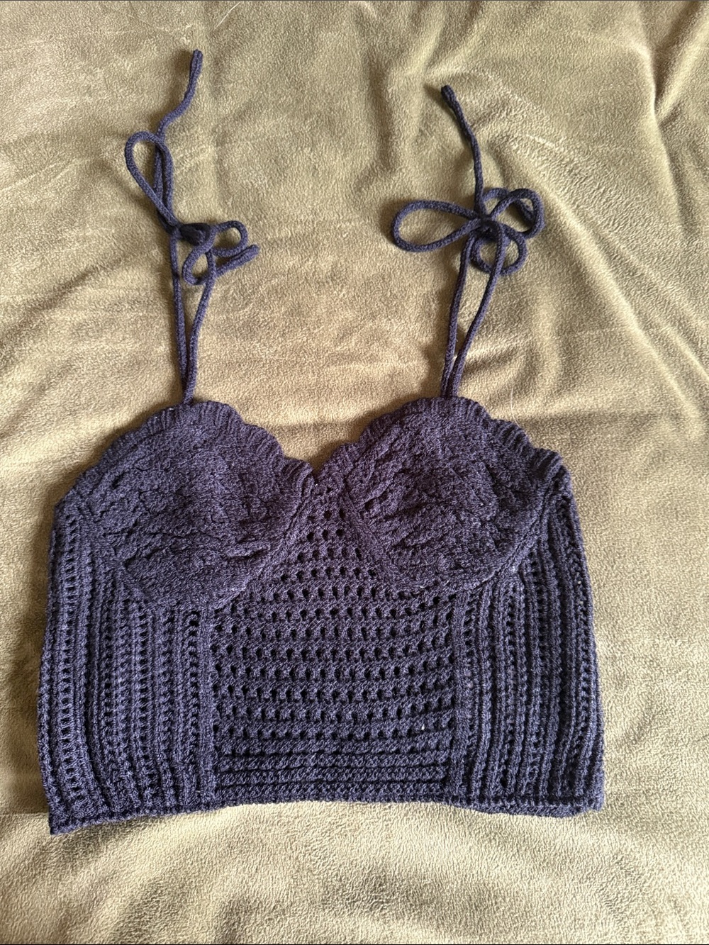 Hand-Crocheted Black Crop Tank Top with Tie Straps
